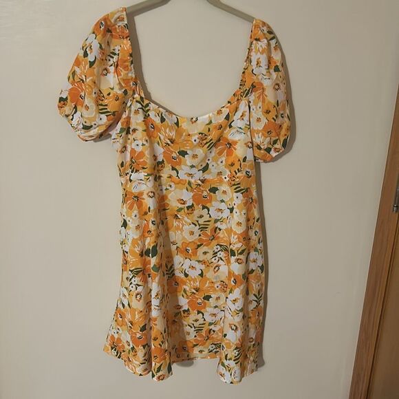 H&M orange yellow floral PUFF-SLEEVED DRESS XL NWT - Picture 4 of 5